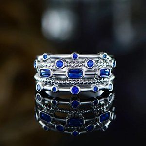 💞925 Silver Plated Blue Round Rectangle CZ Double Layer Dainty Ring, UNVN12170